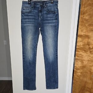 BKE Blue Straight Jeans with Faded Distressed Look 32x36